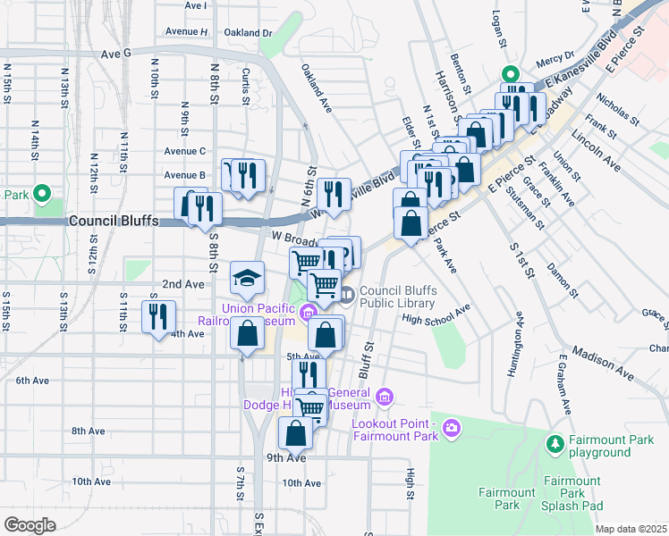 map of restaurants, bars, coffee shops, grocery stores, and more near 15 Pearl Street in Council Bluffs