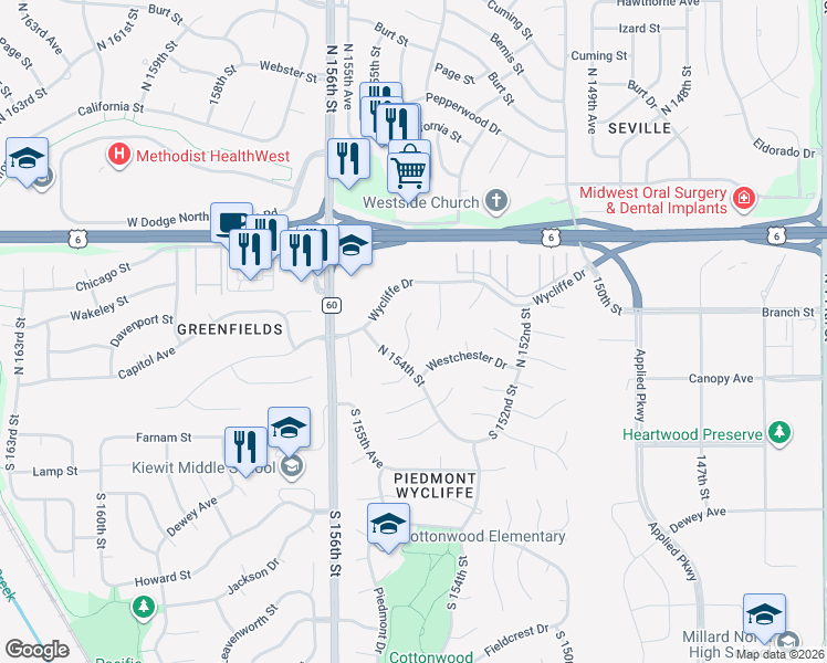 map of restaurants, bars, coffee shops, grocery stores, and more near 15315 Davenport Circle in Omaha