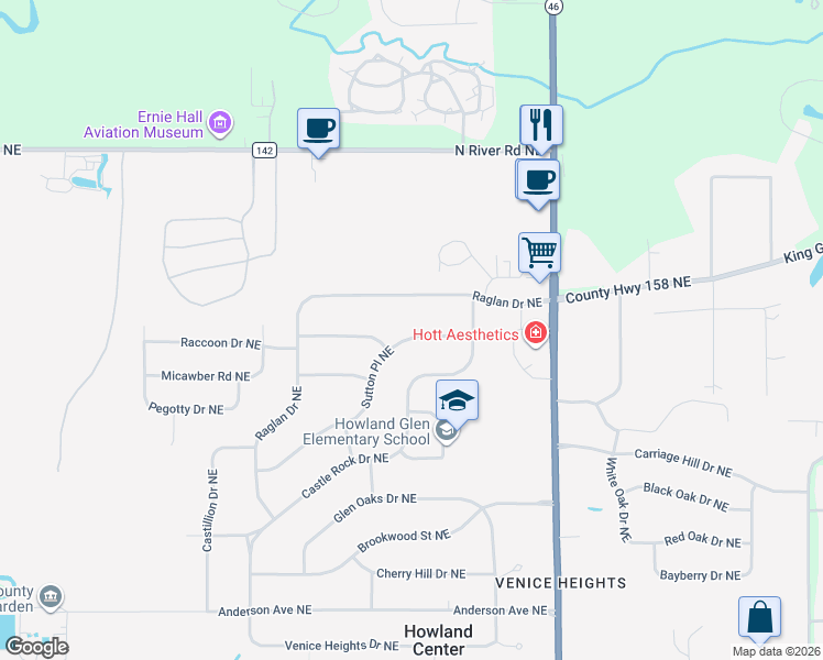map of restaurants, bars, coffee shops, grocery stores, and more near 7903 Sutton Place Northeast in Warren