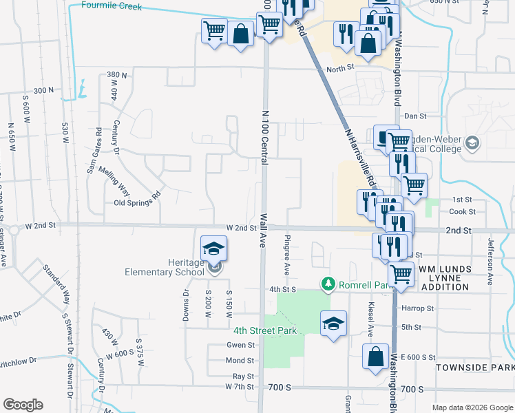 map of restaurants, bars, coffee shops, grocery stores, and more near 100 West 2nd Street in Ogden