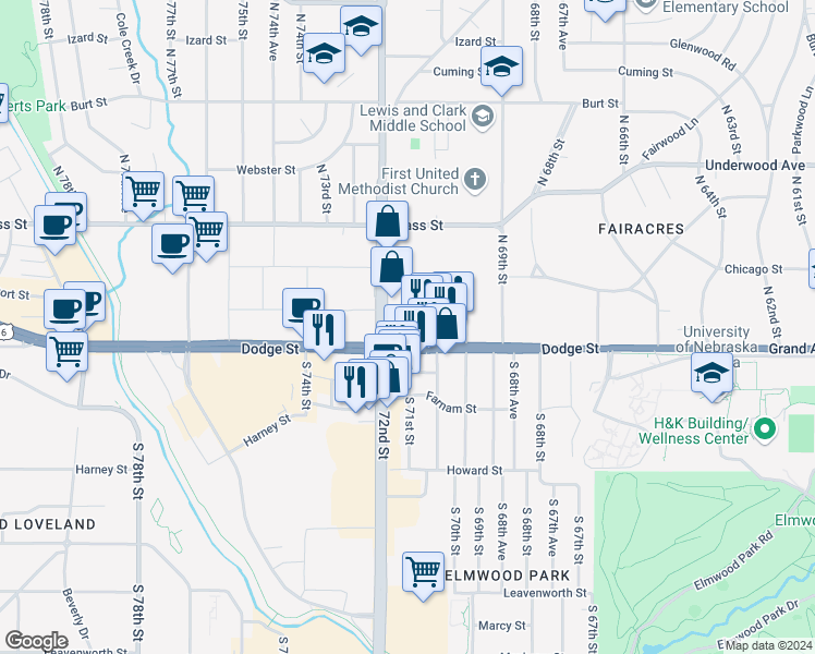 map of restaurants, bars, coffee shops, grocery stores, and more near 7110 Dodge Street in Omaha
