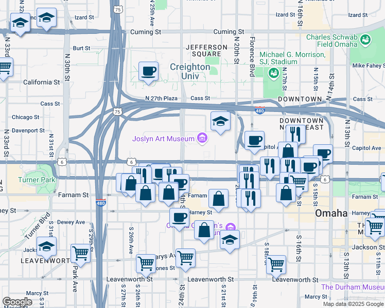 map of restaurants, bars, coffee shops, grocery stores, and more near 2200 Dodge Street in Omaha