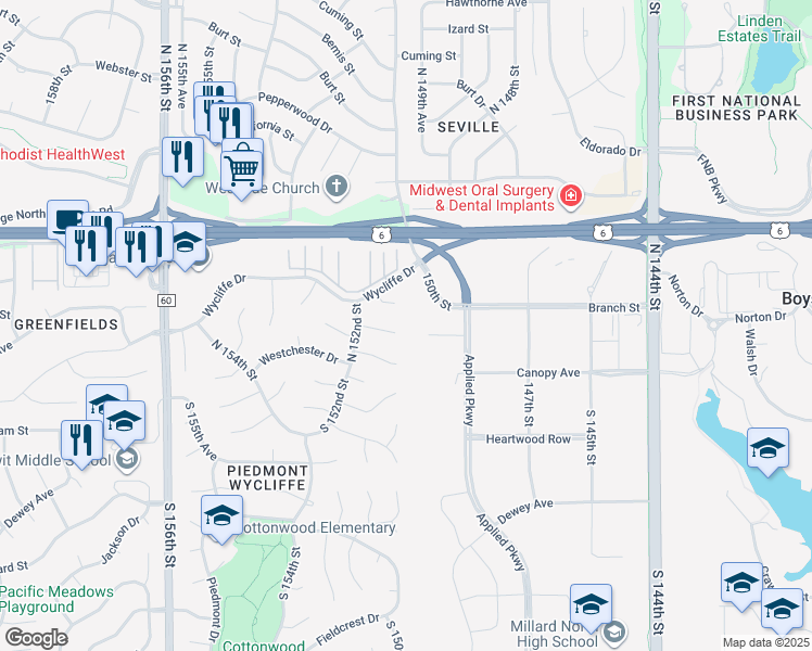map of restaurants, bars, coffee shops, grocery stores, and more near 15006 Davenport Circle in Omaha