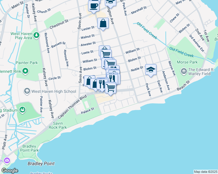 map of restaurants, bars, coffee shops, grocery stores, and more near 243 Captain Thomas Boulevard in West Haven