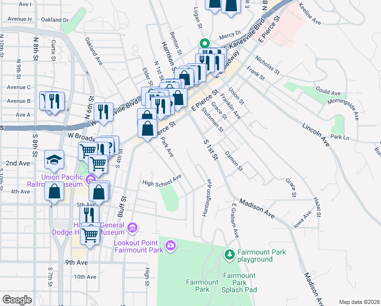 map of restaurants, bars, coffee shops, grocery stores, and more near 207 Test Street in Council Bluffs