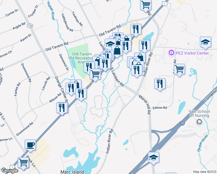 map of restaurants, bars, coffee shops, grocery stores, and more near 264 Old Lambert Road in Orange