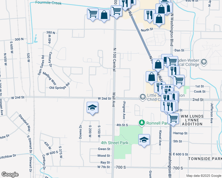 map of restaurants, bars, coffee shops, grocery stores, and more near 100 West 2nd Street in Ogden