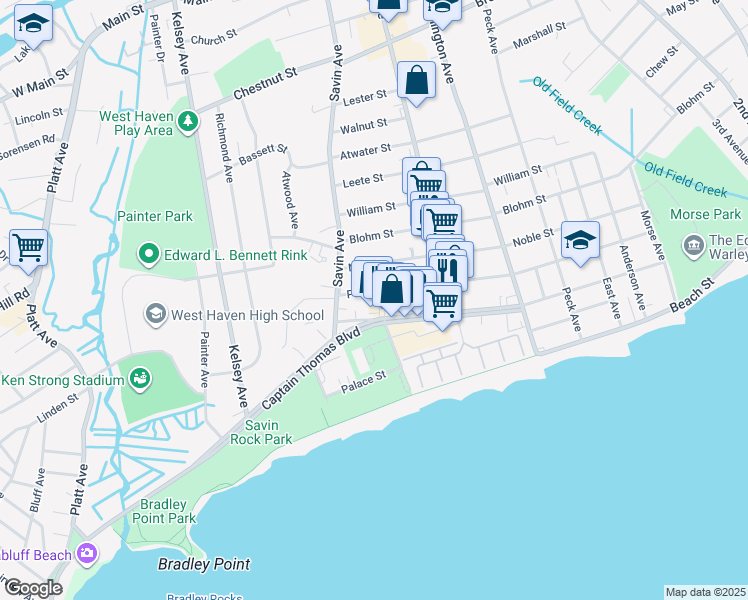 map of restaurants, bars, coffee shops, grocery stores, and more near 292 Park Street in West Haven