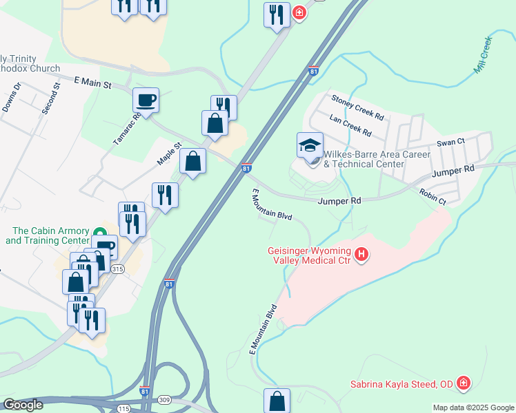 map of restaurants, bars, coffee shops, grocery stores, and more near 101 East Mountain Boulevard in Wilkes-Barre