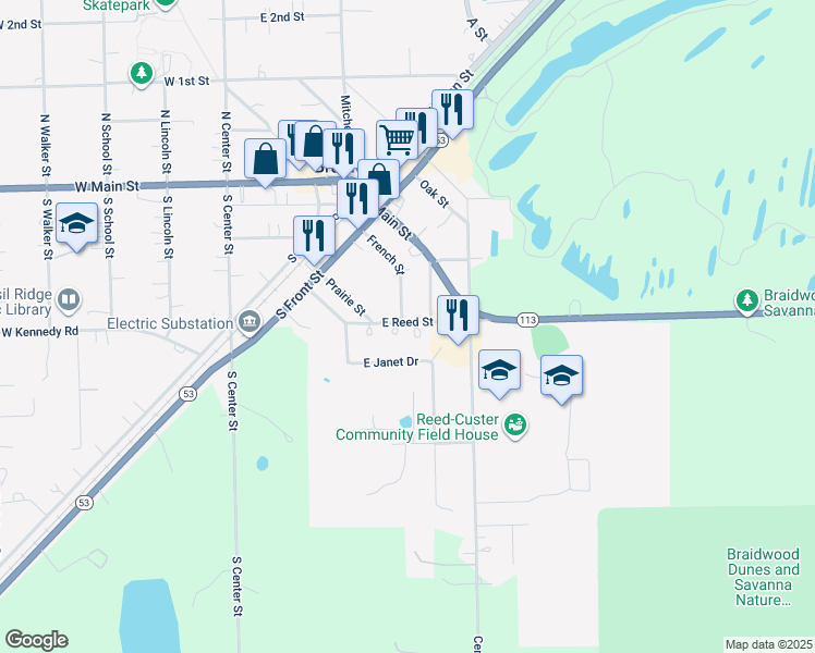 map of restaurants, bars, coffee shops, grocery stores, and more near 391 French Street in Braidwood