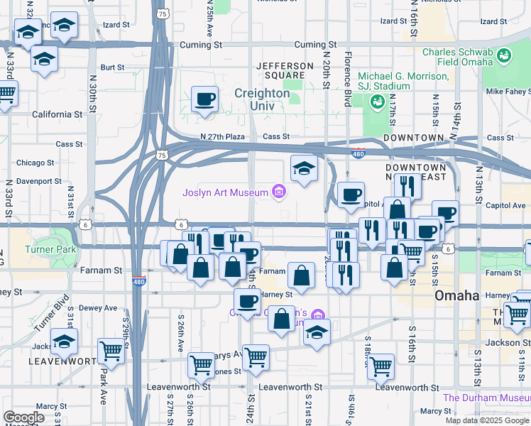 map of restaurants, bars, coffee shops, grocery stores, and more near 2200 Dodge St in Omaha