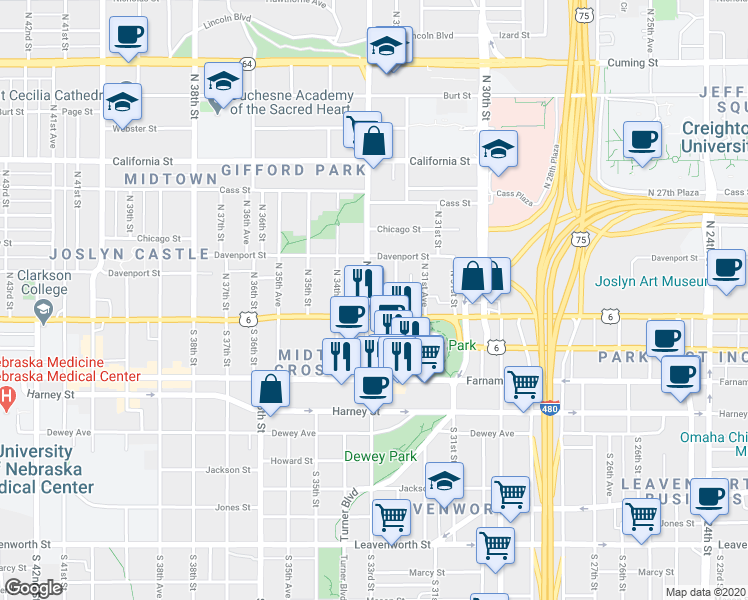 map of restaurants, bars, coffee shops, grocery stores, and more near 120-1/2 North 32nd Avenue in Omaha
