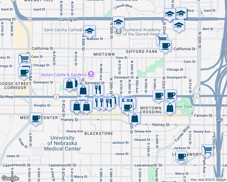 map of restaurants, bars, coffee shops, grocery stores, and more near 124 North 38th Street in Omaha