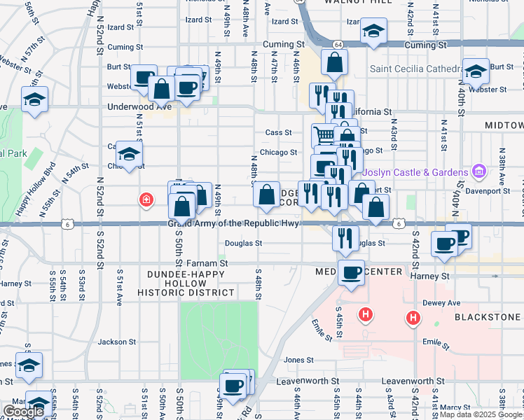 map of restaurants, bars, coffee shops, grocery stores, and more near 4748 Capitol Avenue in Omaha