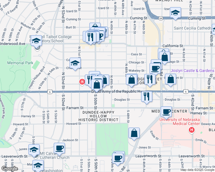 map of restaurants, bars, coffee shops, grocery stores, and more near 4901 Capitol Avenue in Omaha