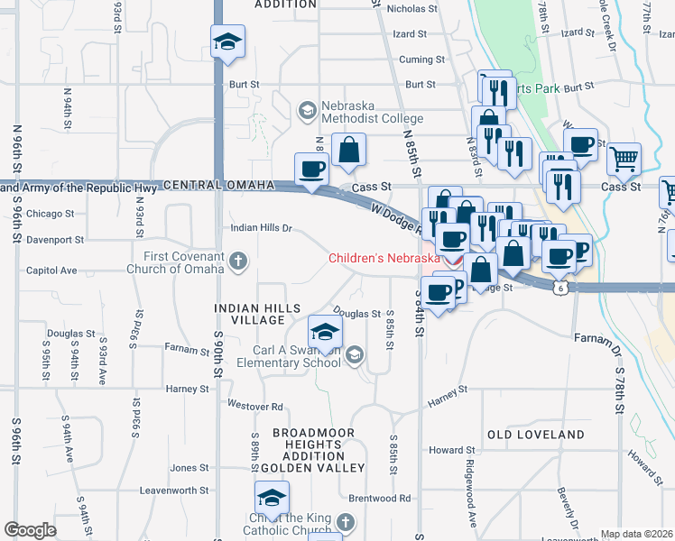 map of restaurants, bars, coffee shops, grocery stores, and more near 8572 Indian Hills Drive in Omaha