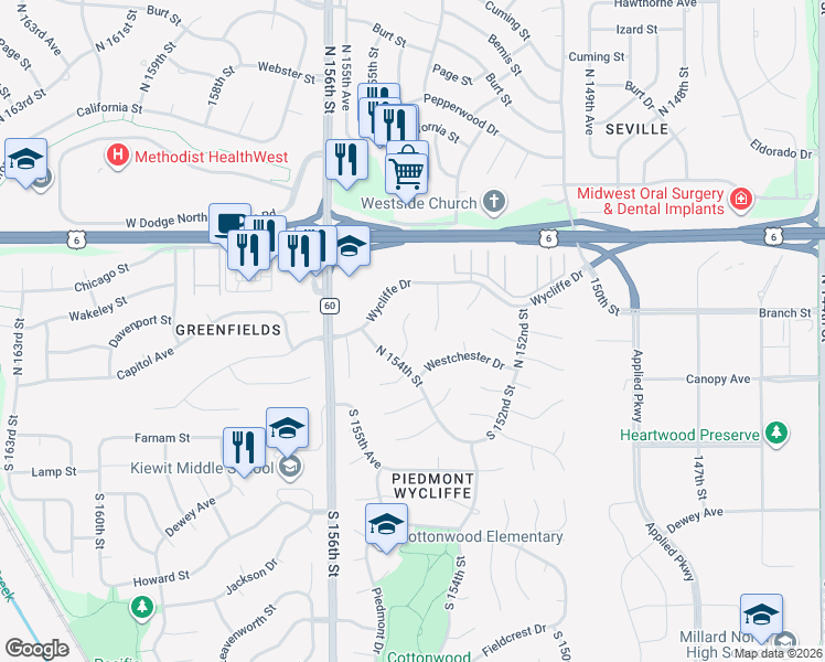 map of restaurants, bars, coffee shops, grocery stores, and more near 15315 Davenport Circle in Omaha