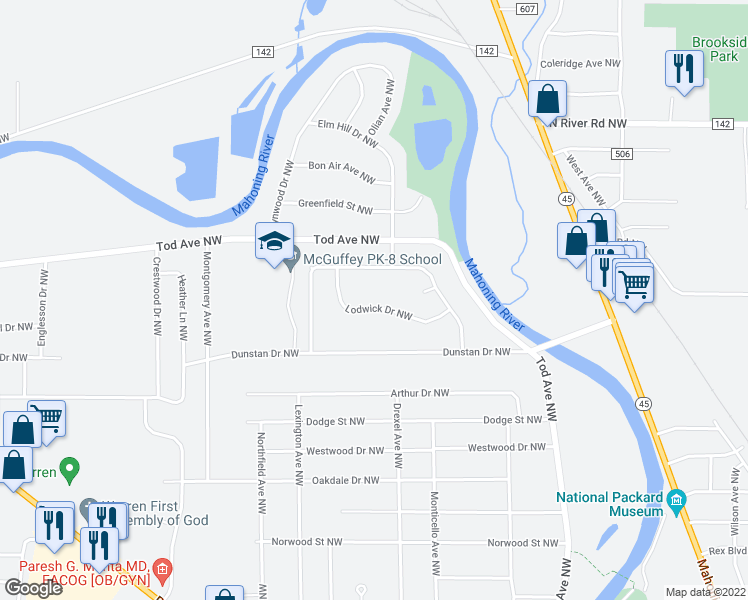 map of restaurants, bars, coffee shops, grocery stores, and more near 3220 Lodwick Drive Northwest in Warren