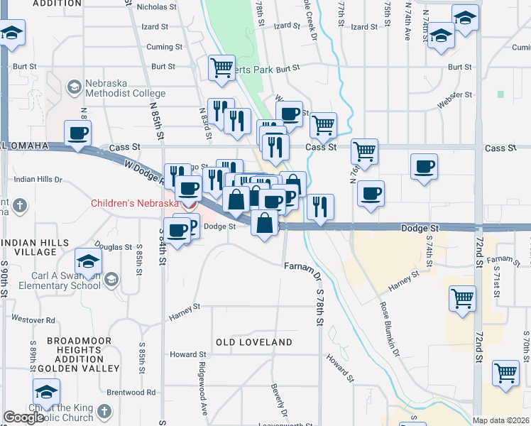 map of restaurants, bars, coffee shops, grocery stores, and more near 7814 Dodge Street in Omaha
