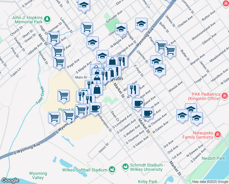 map of restaurants, bars, coffee shops, grocery stores, and more near 588 Market Street in Kingston