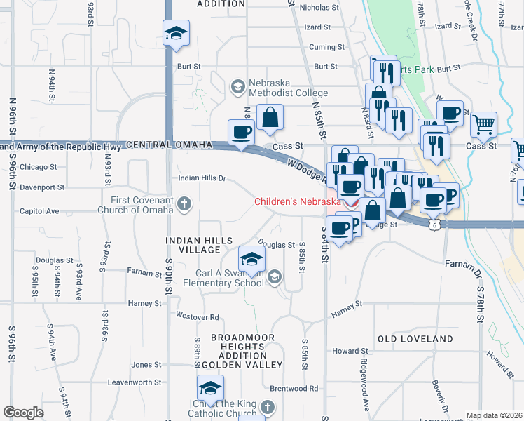 map of restaurants, bars, coffee shops, grocery stores, and more near 8572 Indian Hills Drive in Omaha