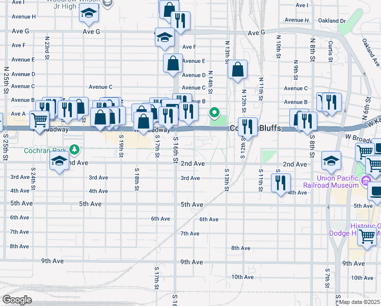 map of restaurants, bars, coffee shops, grocery stores, and more near 108 1/2 South 15th Street in Council Bluffs