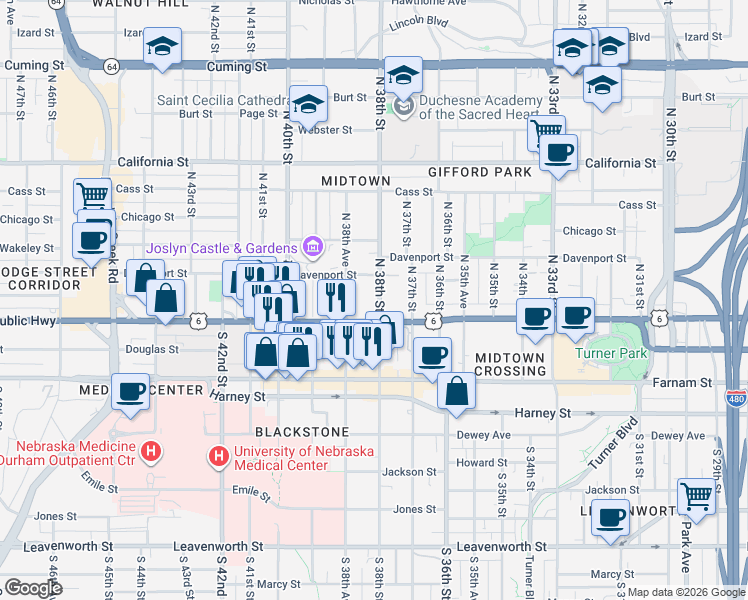 map of restaurants, bars, coffee shops, grocery stores, and more near 123 North 38th Avenue in Omaha