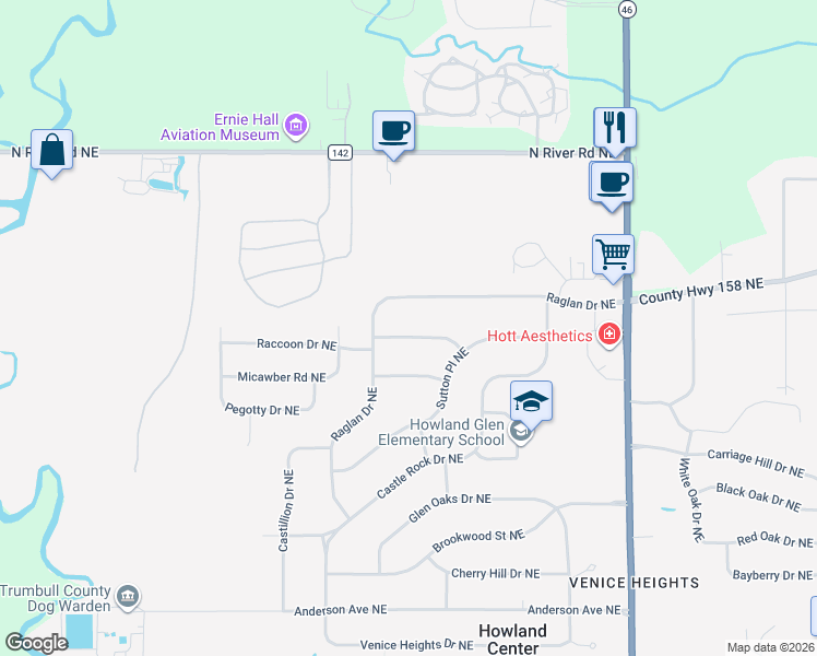 map of restaurants, bars, coffee shops, grocery stores, and more near 7755 Trefeathen Drive Northeast in Warren