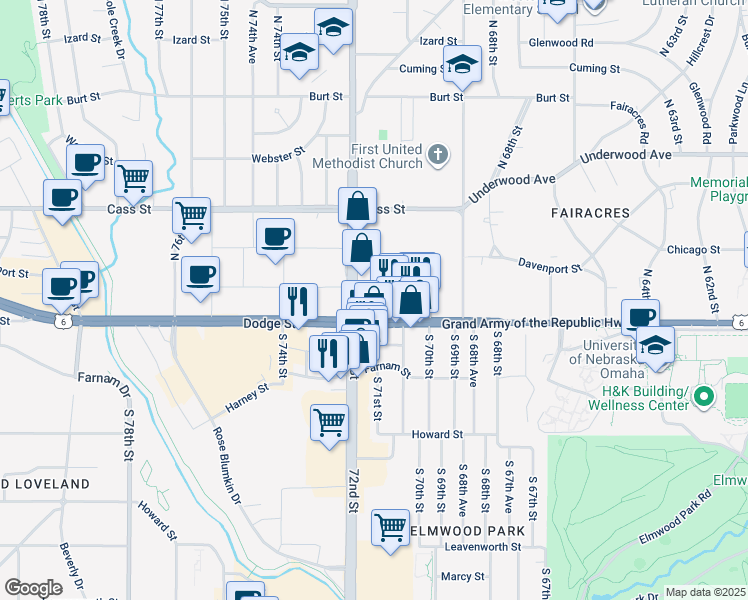 map of restaurants, bars, coffee shops, grocery stores, and more near 7110 Dodge Street in Omaha