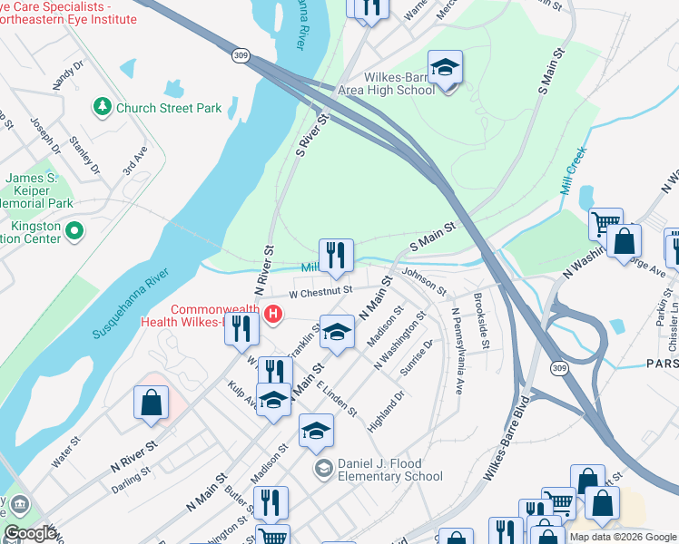 map of restaurants, bars, coffee shops, grocery stores, and more near 55 W Chestnut St in Wilkes-Barre