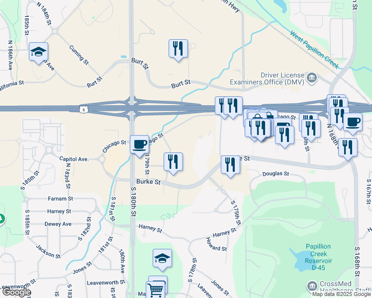 map of restaurants, bars, coffee shops, grocery stores, and more near 17728 Burke Street in Omaha