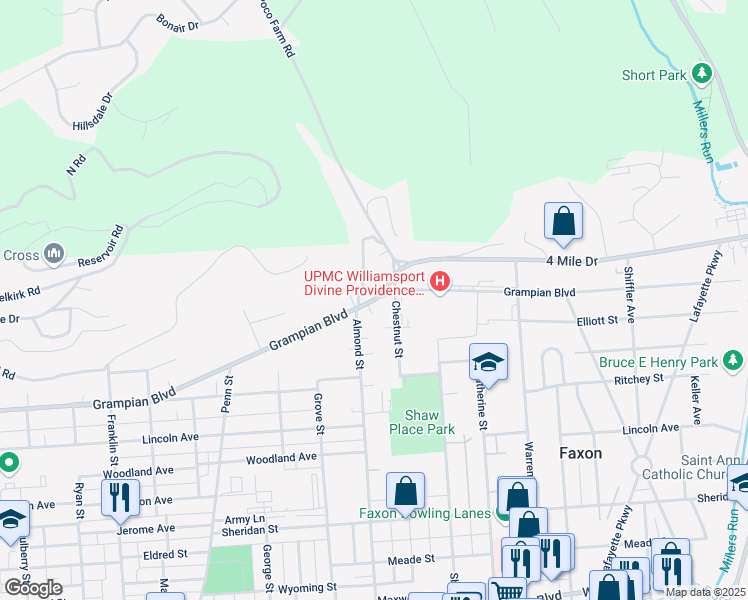 map of restaurants, bars, coffee shops, grocery stores, and more near 1000 4 Mile Drive in Williamsport