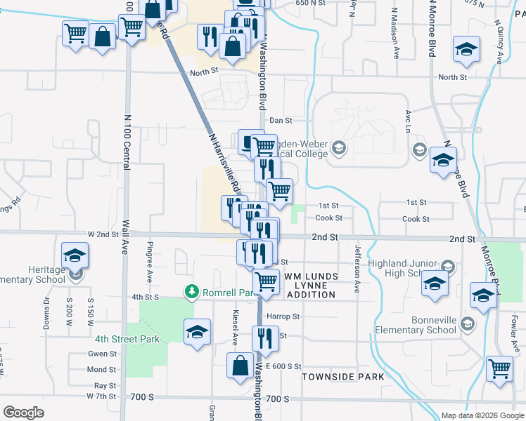 map of restaurants, bars, coffee shops, grocery stores, and more near 124 Washington Boulevard in Ogden