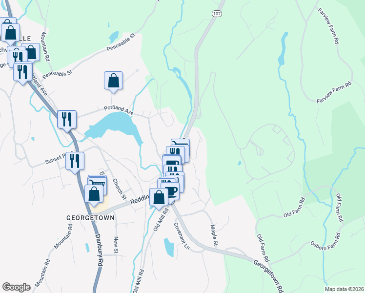 map of restaurants, bars, coffee shops, grocery stores, and more near 66 Redding Road in Redding