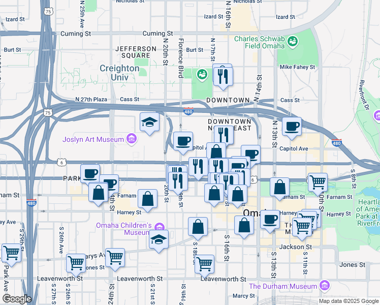 map of restaurants, bars, coffee shops, grocery stores, and more near 1809 Capitol Avenue in Omaha