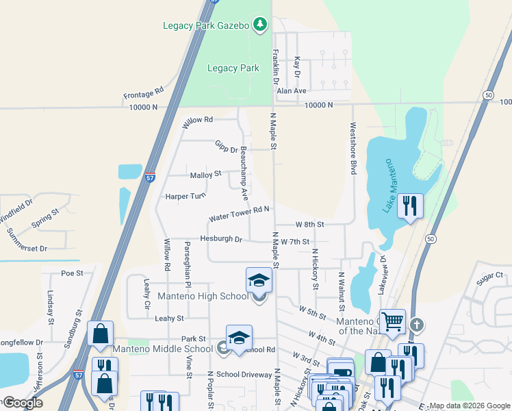 map of restaurants, bars, coffee shops, grocery stores, and more near 443 Water Tower Road North in Manteno
