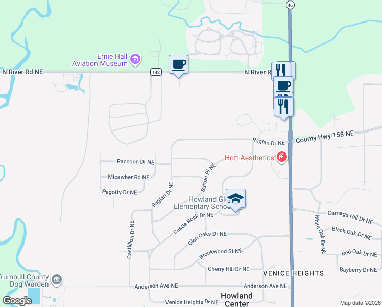 map of restaurants, bars, coffee shops, grocery stores, and more near 7755 Trefeathen Drive Northeast in Warren