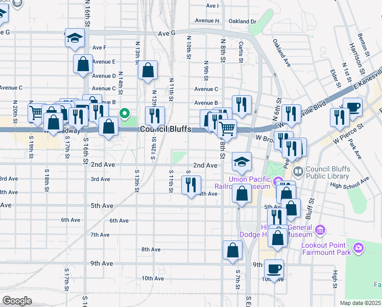 map of restaurants, bars, coffee shops, grocery stores, and more near 927 1st Avenue in Council Bluffs