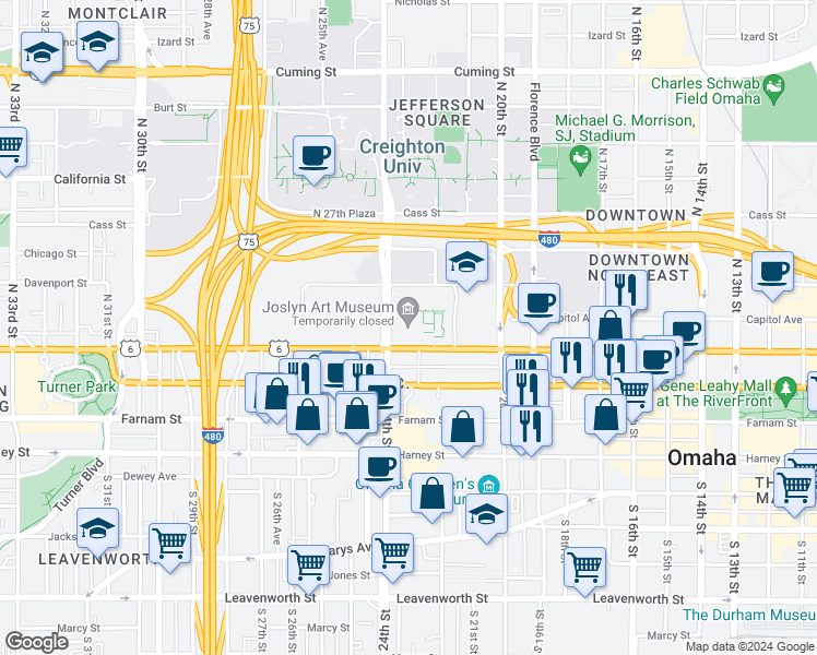 map of restaurants, bars, coffee shops, grocery stores, and more near 2200 Dodge Street in Omaha