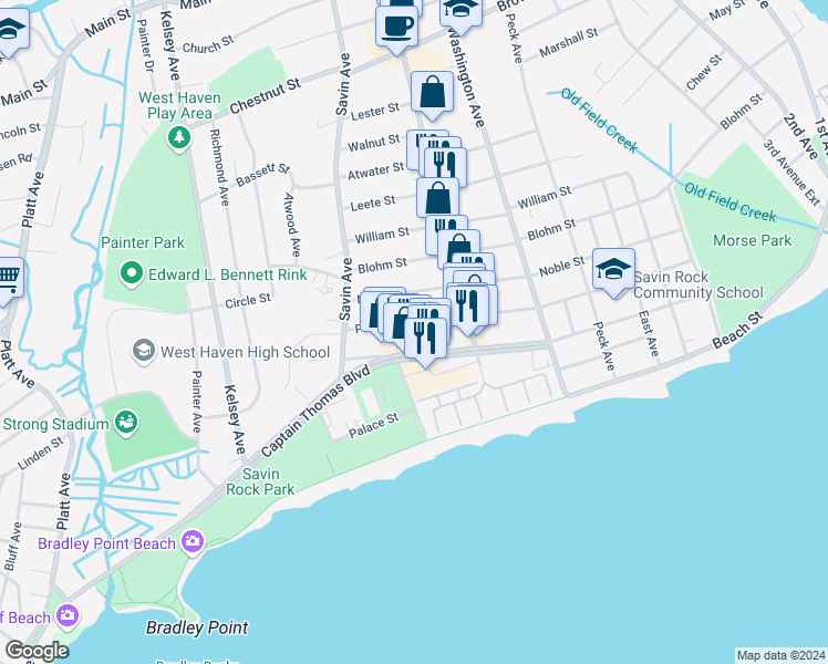 map of restaurants, bars, coffee shops, grocery stores, and more near 260 Park Street in West Haven