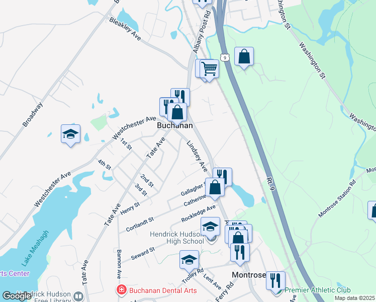 map of restaurants, bars, coffee shops, grocery stores, and more near 155 Lindsey Avenue in Buchanan