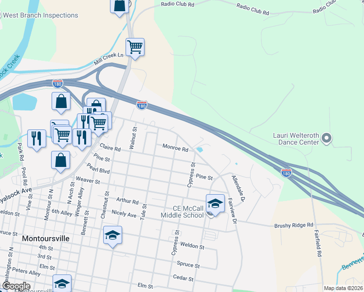 map of restaurants, bars, coffee shops, grocery stores, and more near 1301-1399 Fairview Drive in Montoursville