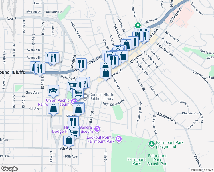 map of restaurants, bars, coffee shops, grocery stores, and more near 315 West Pierce Street in Council Bluffs