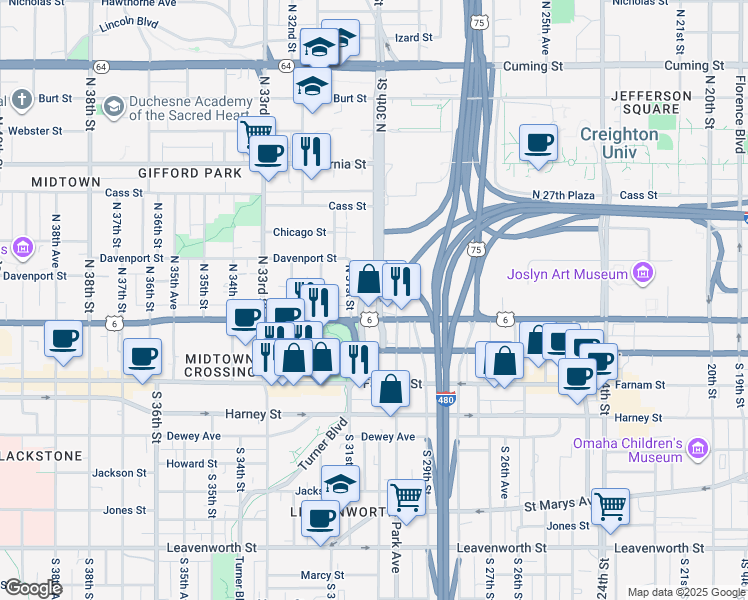map of restaurants, bars, coffee shops, grocery stores, and more near in Omaha