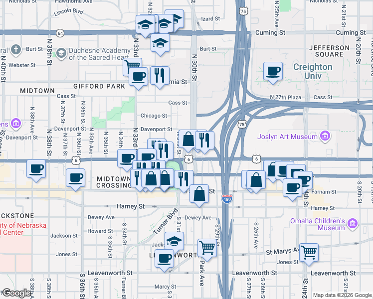 map of restaurants, bars, coffee shops, grocery stores, and more near in Omaha
