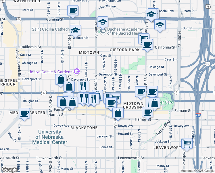 map of restaurants, bars, coffee shops, grocery stores, and more near 120 North 36th Street in Omaha