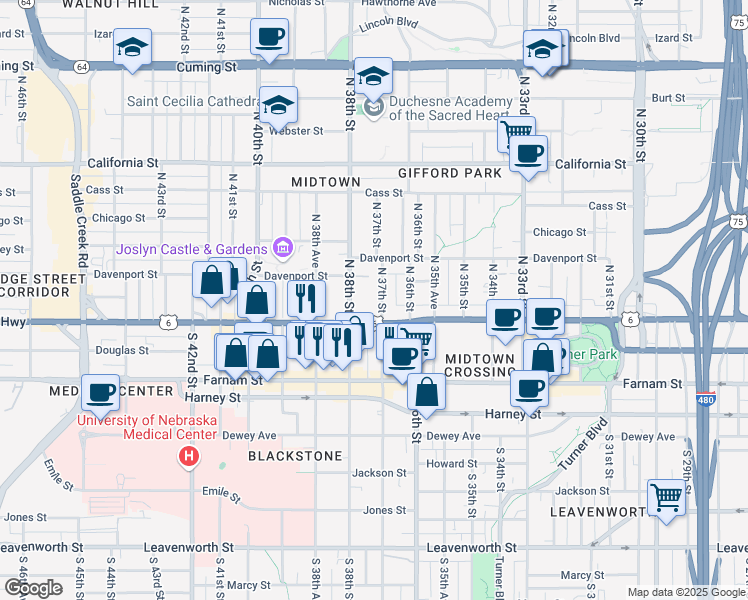 map of restaurants, bars, coffee shops, grocery stores, and more near 124 North 38th Street in Omaha