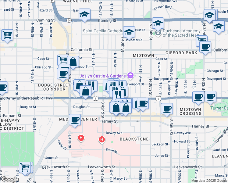 map of restaurants, bars, coffee shops, grocery stores, and more near 123 North 41st Street in Omaha