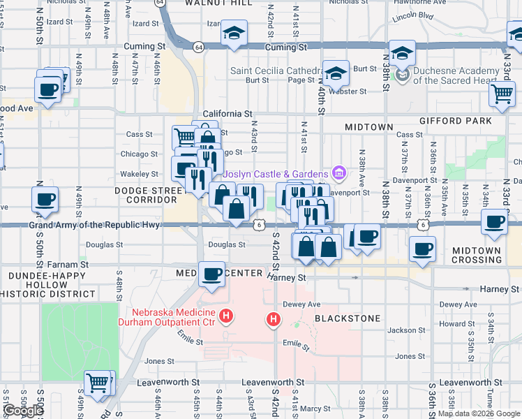 map of restaurants, bars, coffee shops, grocery stores, and more near 124 North 42nd Street in Omaha