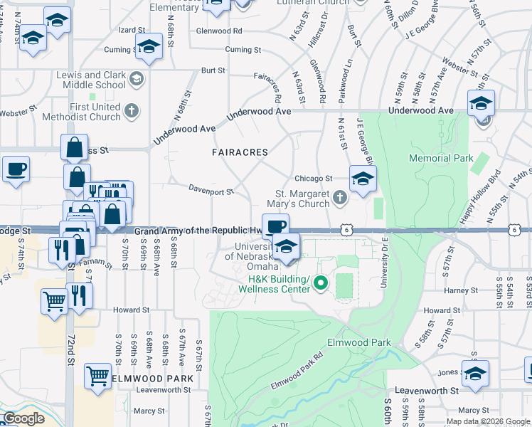 map of restaurants, bars, coffee shops, grocery stores, and more near 6418 Capitol Plaza in Omaha